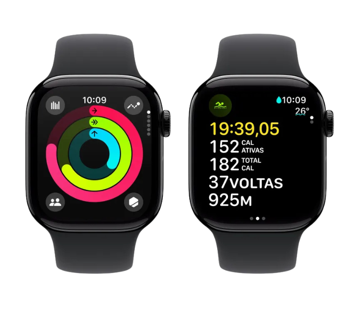 Apple Watch Series 10 GPS • Glossy Black Aluminum Case – 42mm • Black Sport Band – S/M