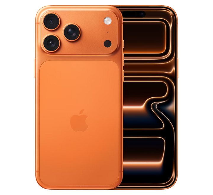 Orange smartphone with Apple logo on a white background
