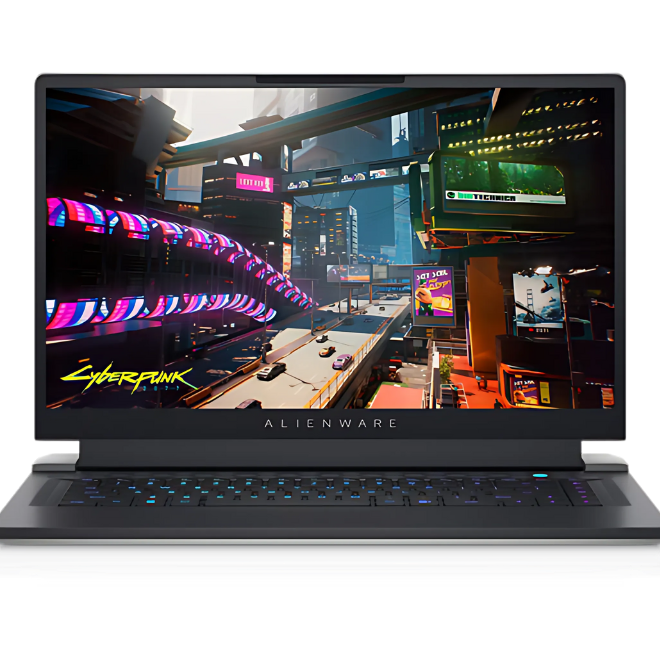 Gaming laptop with a 'Cyberpunk' game displayed on the screen