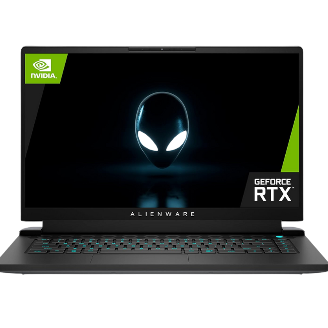 Laptop with Alienware and NVIDIA branding on a white background