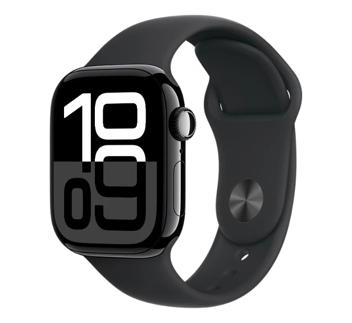 Apple Watch Series 10 GPS • Glossy Black Aluminum Case – 42mm • Black Sport Band – S/M