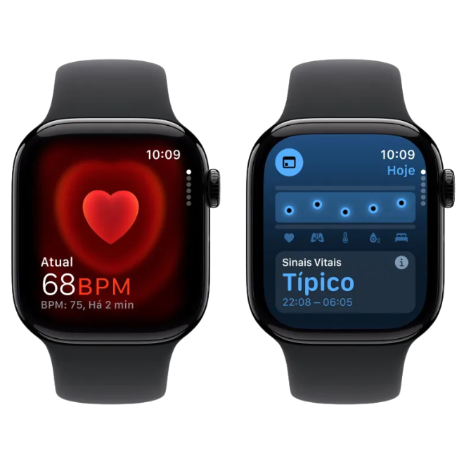 Two smartwatches displaying different screens on a white background